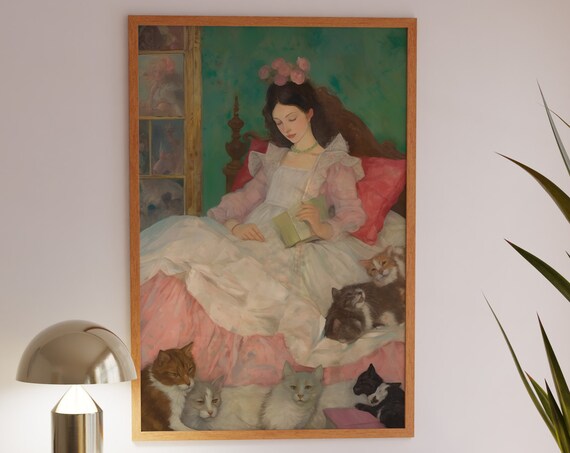 Vintage Lady Reading Surrounded by Cats Classic Style Art Poster