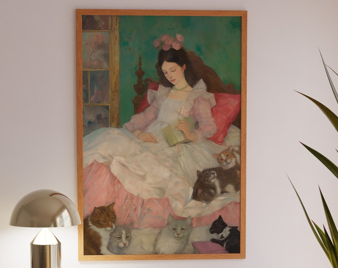 Vintage Lady Reading Surrounded by Cats Classic Style Art Poster
