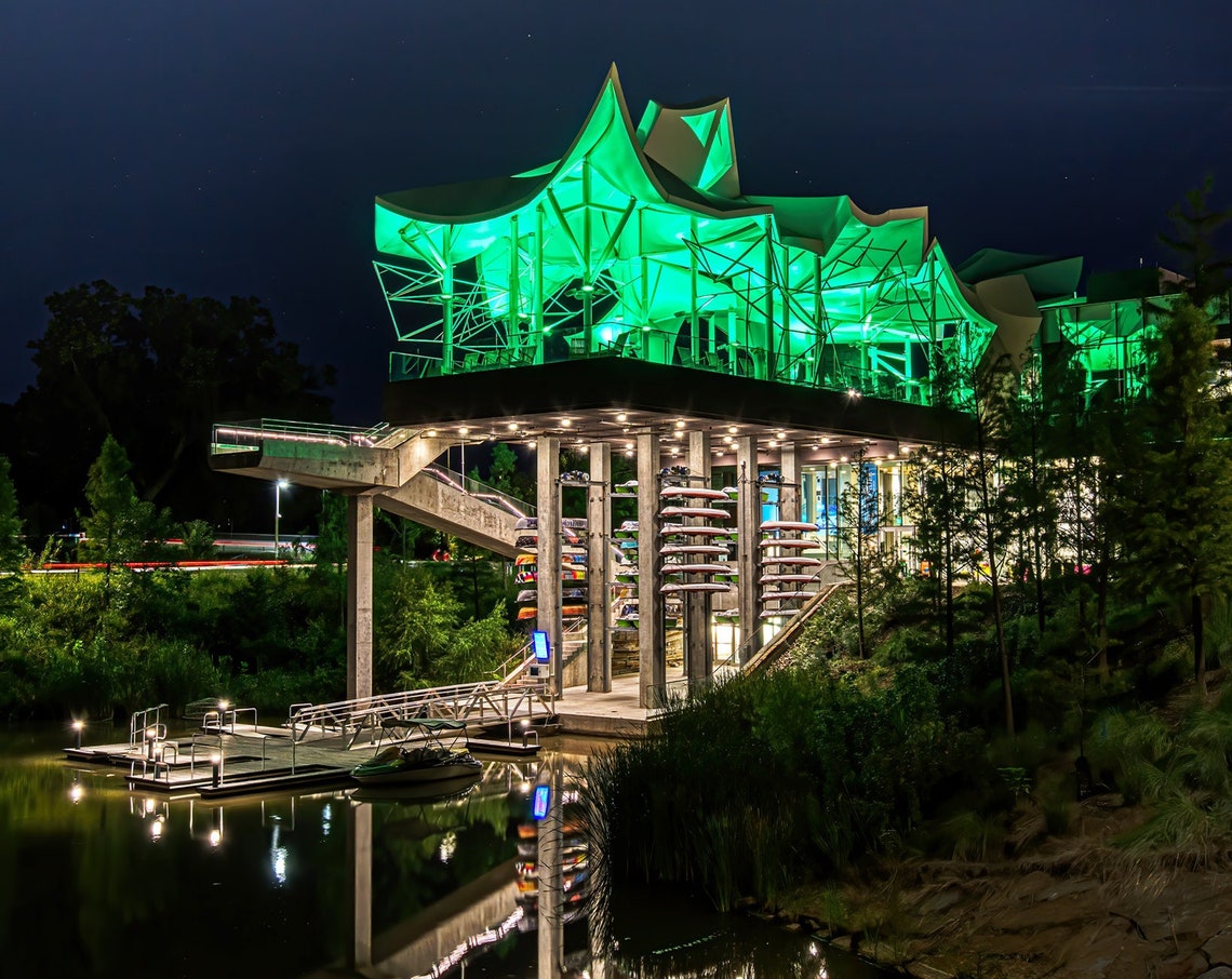 Tulsa Gathering Place Boathouse Night Green Glow Dock Poster