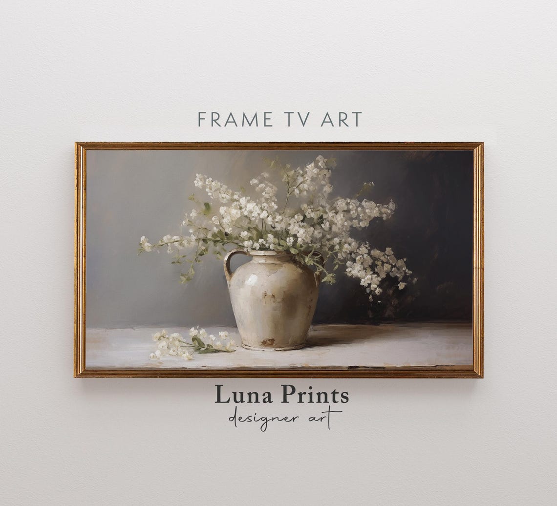 White Blossoms in Ceramic Jug Vintage Still Life Frame TV Art Poster