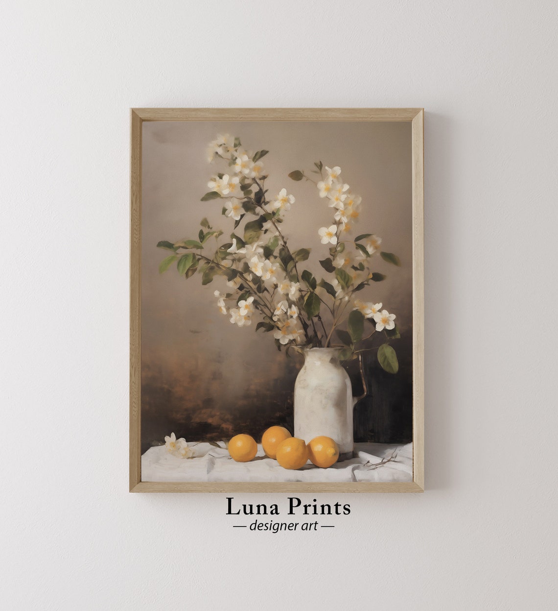 White Pitcher Cherry Blossom Branches With Lemons Still Life Poster