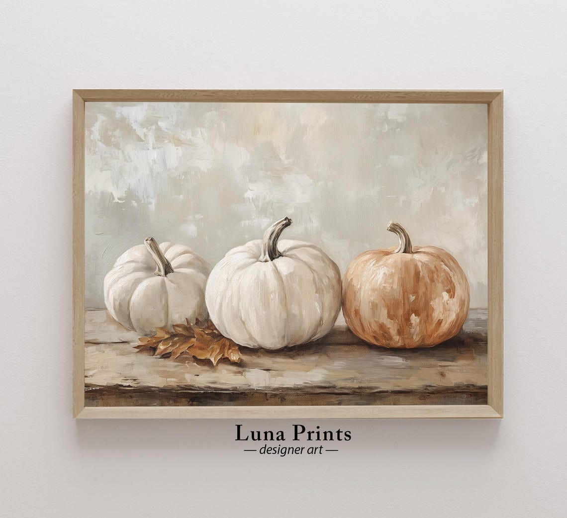 Three Pumpkins Rustic Fall Harvest Oil Painting Still Life Wall Art