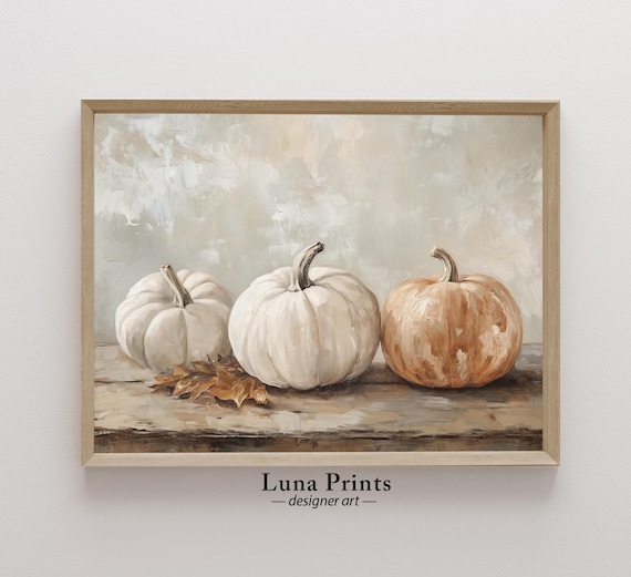 Three Pumpkins Rustic Fall Harvest Oil Painting Still Life Wall Art