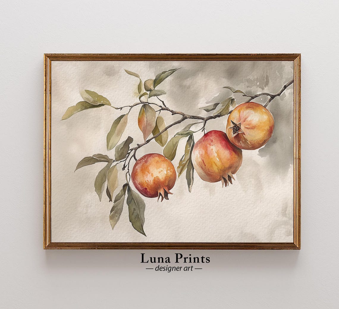 Pomegranate Branch Watercolor Botanical Fruit Painting Wall Art