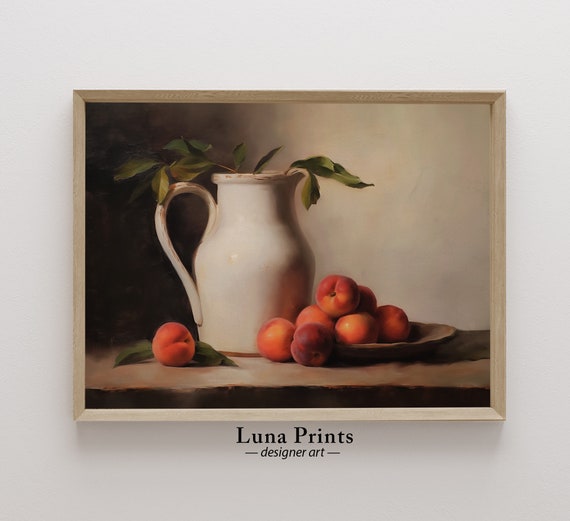 Peach Still Life Painting Art Vintage Fruit Muted Toned Kitchen Print