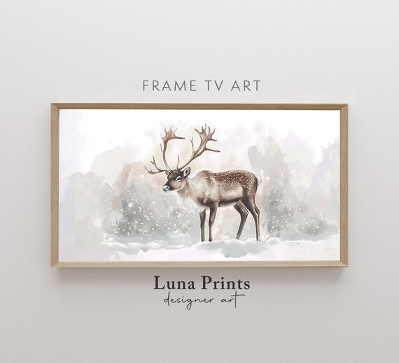 Winter Reindeer Snowy Forest Watercolor Neutral Christmas Poster