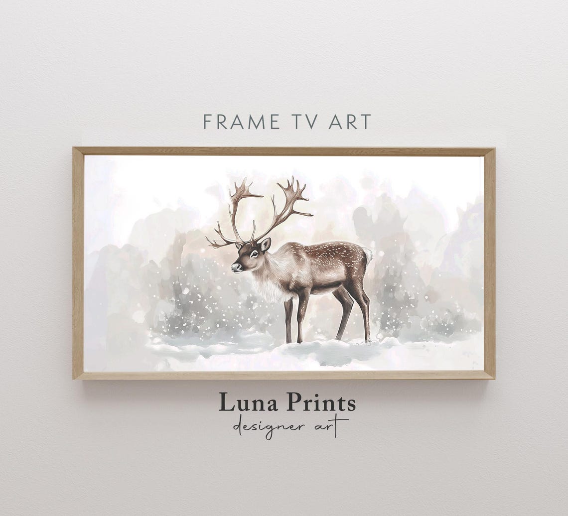Winter Reindeer Snowy Forest Watercolor Neutral Christmas Poster