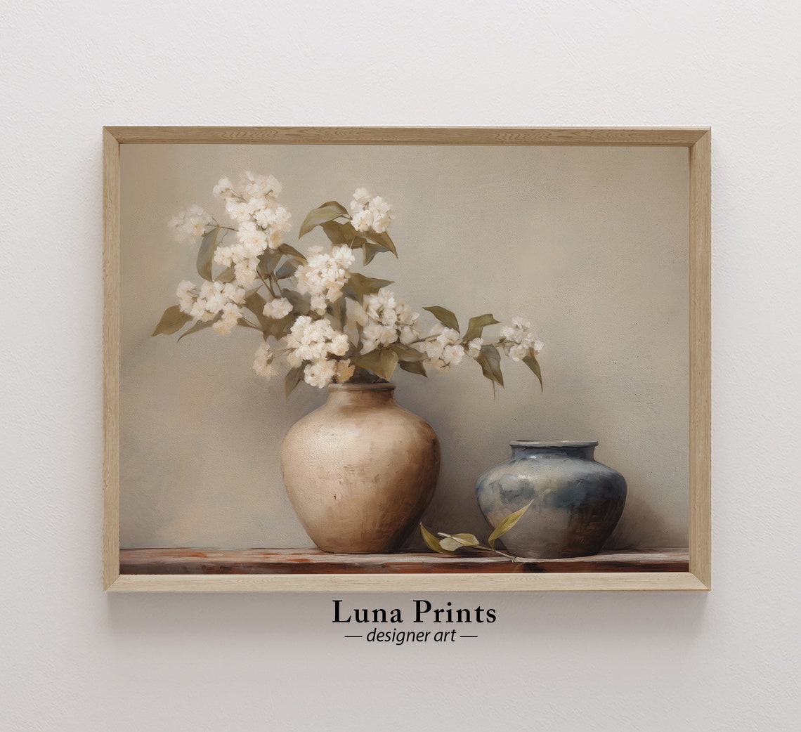 White Blossoms in Rustic Pottery Vase Still Life Pair Poster