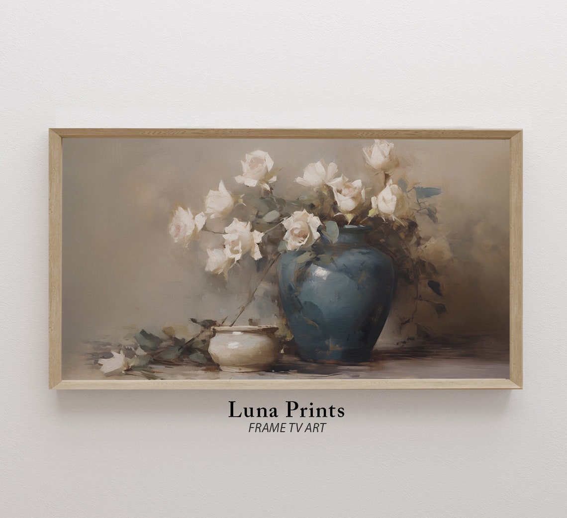 White Roses Blue Ceramic Jar Floral Still Life Soft Painterly Poster