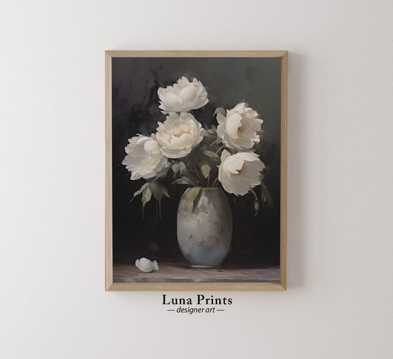 Moody Peonies Painting Art Muted Toned Print Vintage Floral