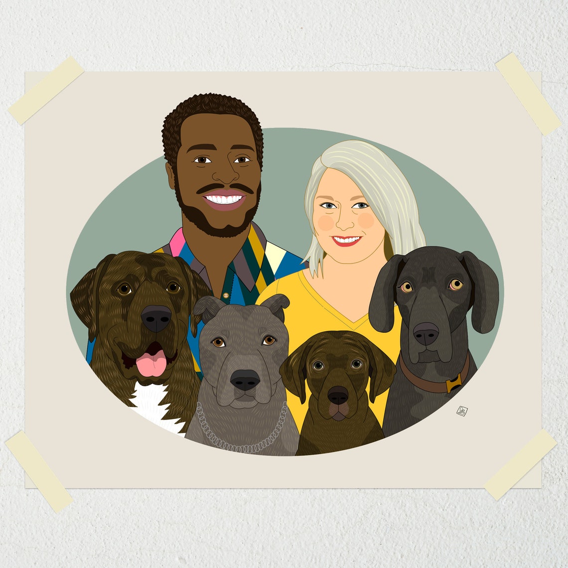 Couple With Four Dogs in Oval Frame Custom Family Portrait Poster