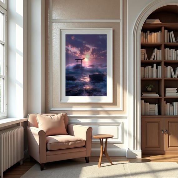 Ghibli Style Anime Sunset Print Torii Gate Ocean Art 5 Sizes