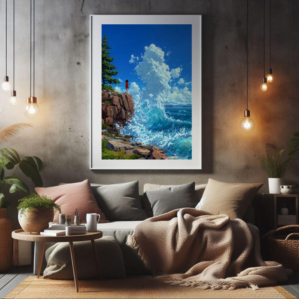 Anime Ocean Cliff Crashing Waves Dramatic Seascape Art Poster