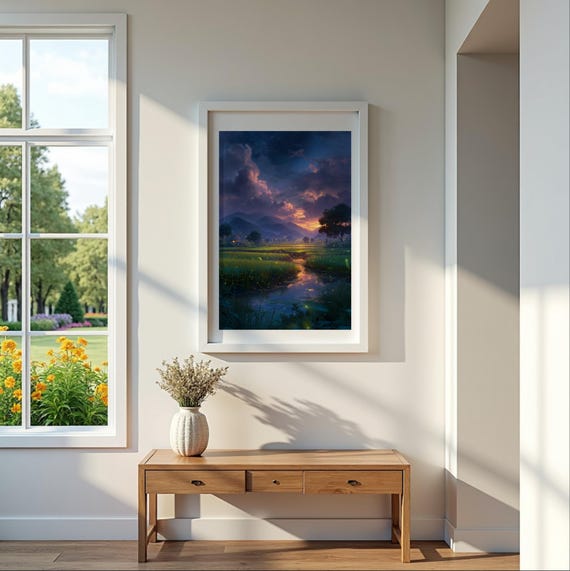 Firefly Fields Enchanted Countryside Wall Art Print Magical Sunset Landscape Poster