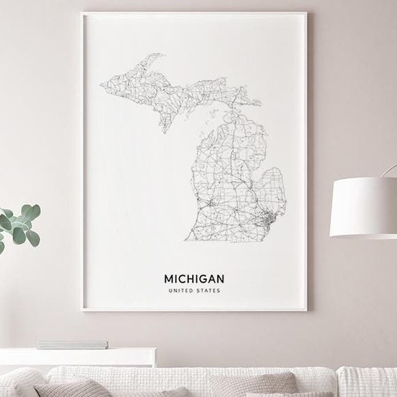 Michigan Map Print State Road Mi Usa United States Art Poster Nursery Room Wall Office Decor