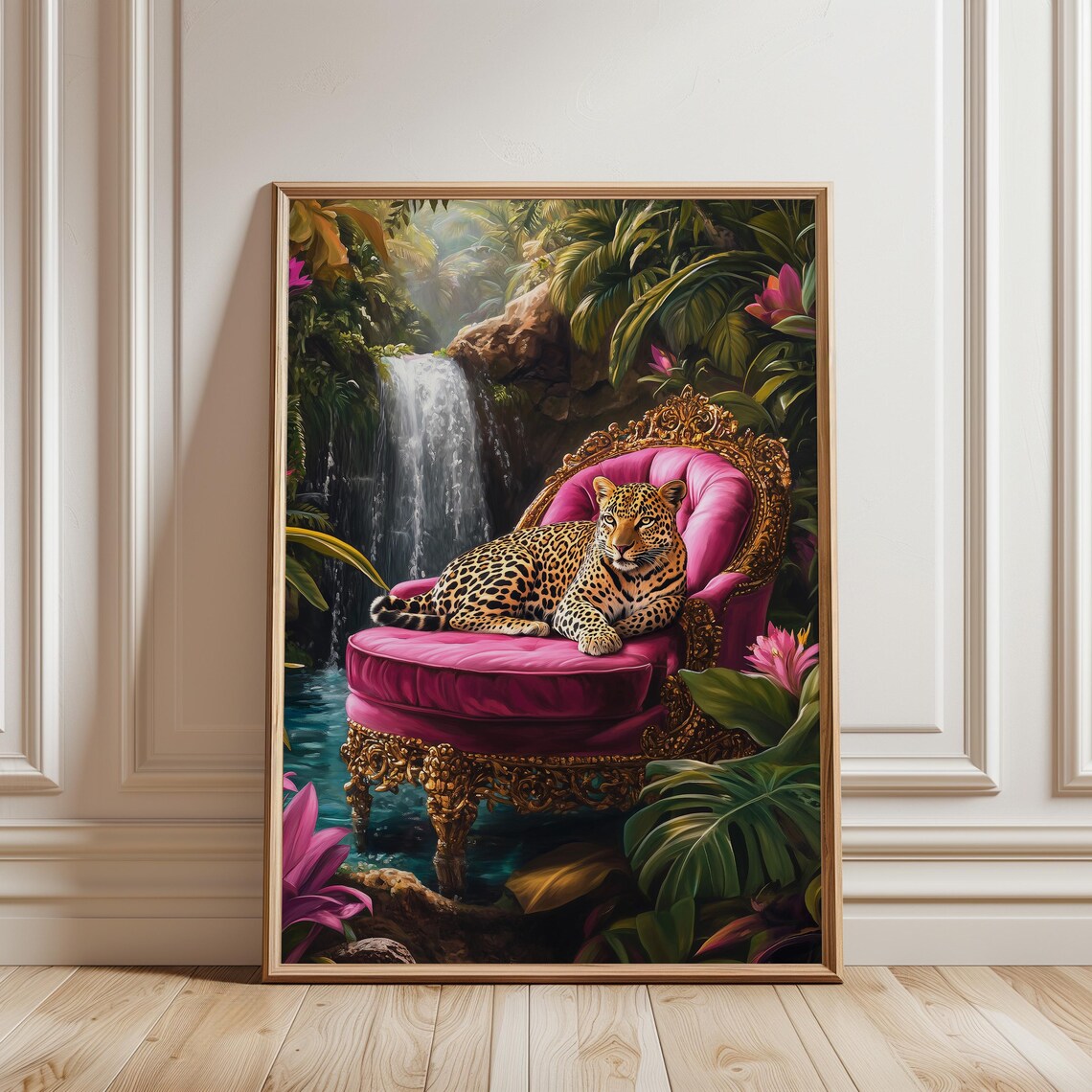 Leopard Lounging Pink Velvet Chair Jungle Waterfall Art Poster - Image 3
