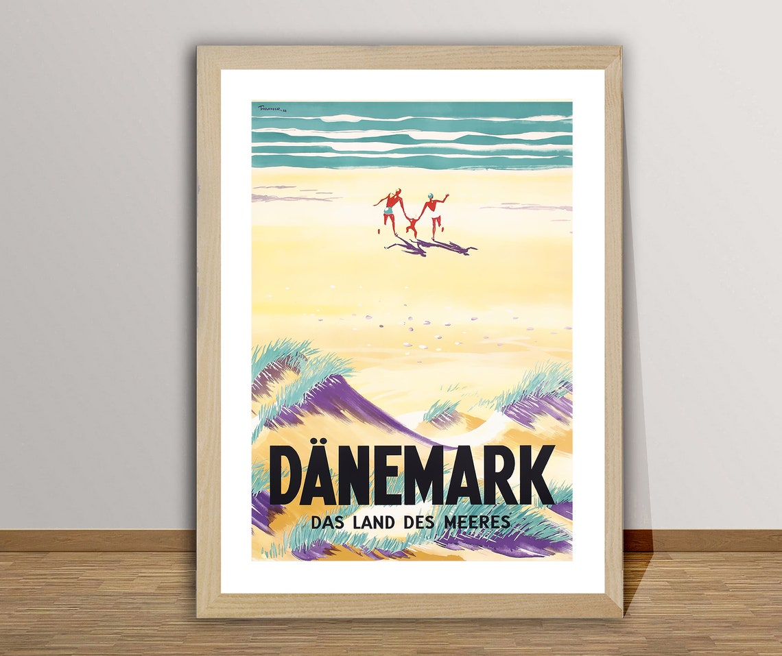 Danemark Das Land des Meeres Vintage Danish Travel Poster Beach Dunes