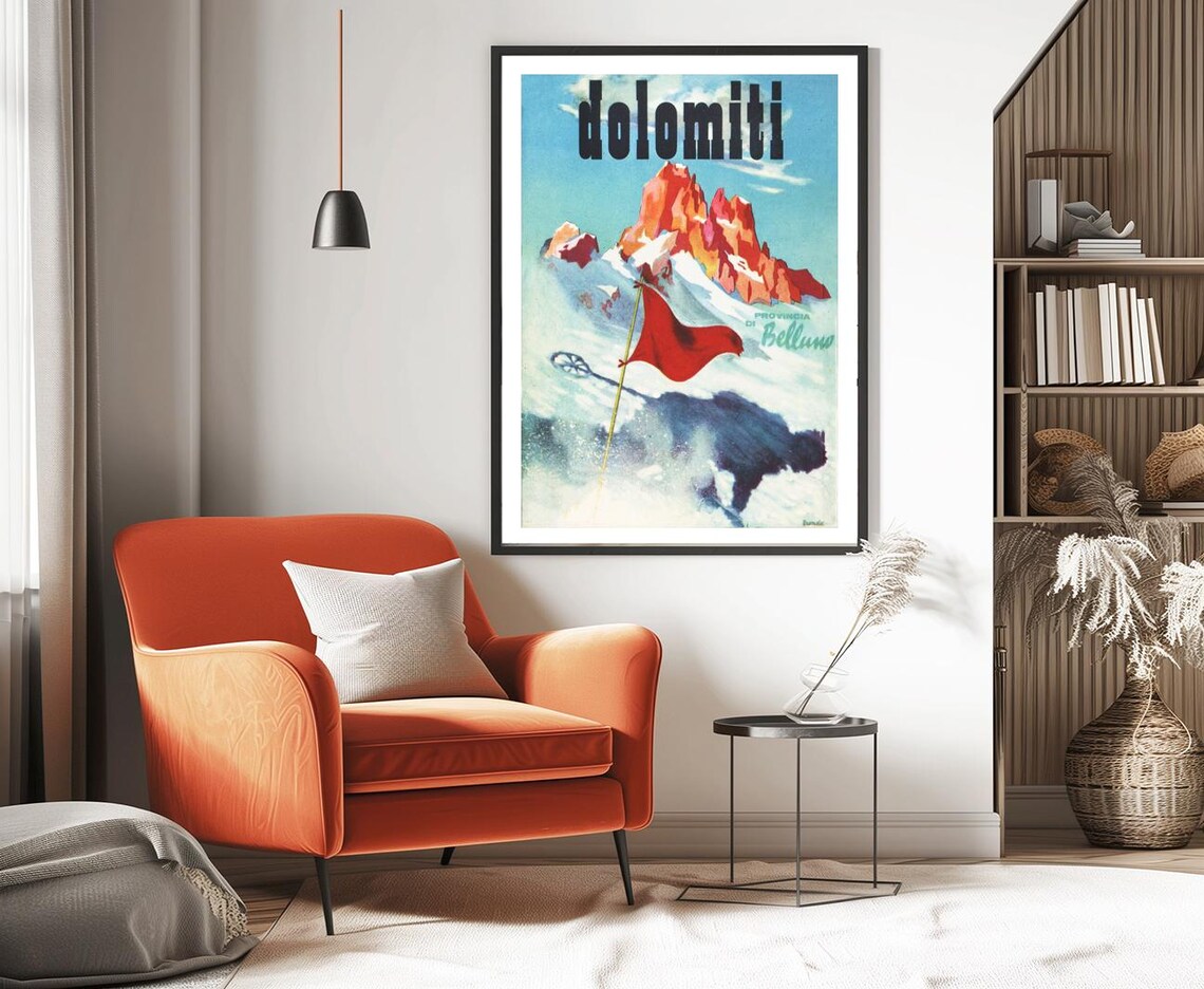 Dolomiti Belluno Red Peaks Ski Flag Vintage Italian Travel Poster - Image 2