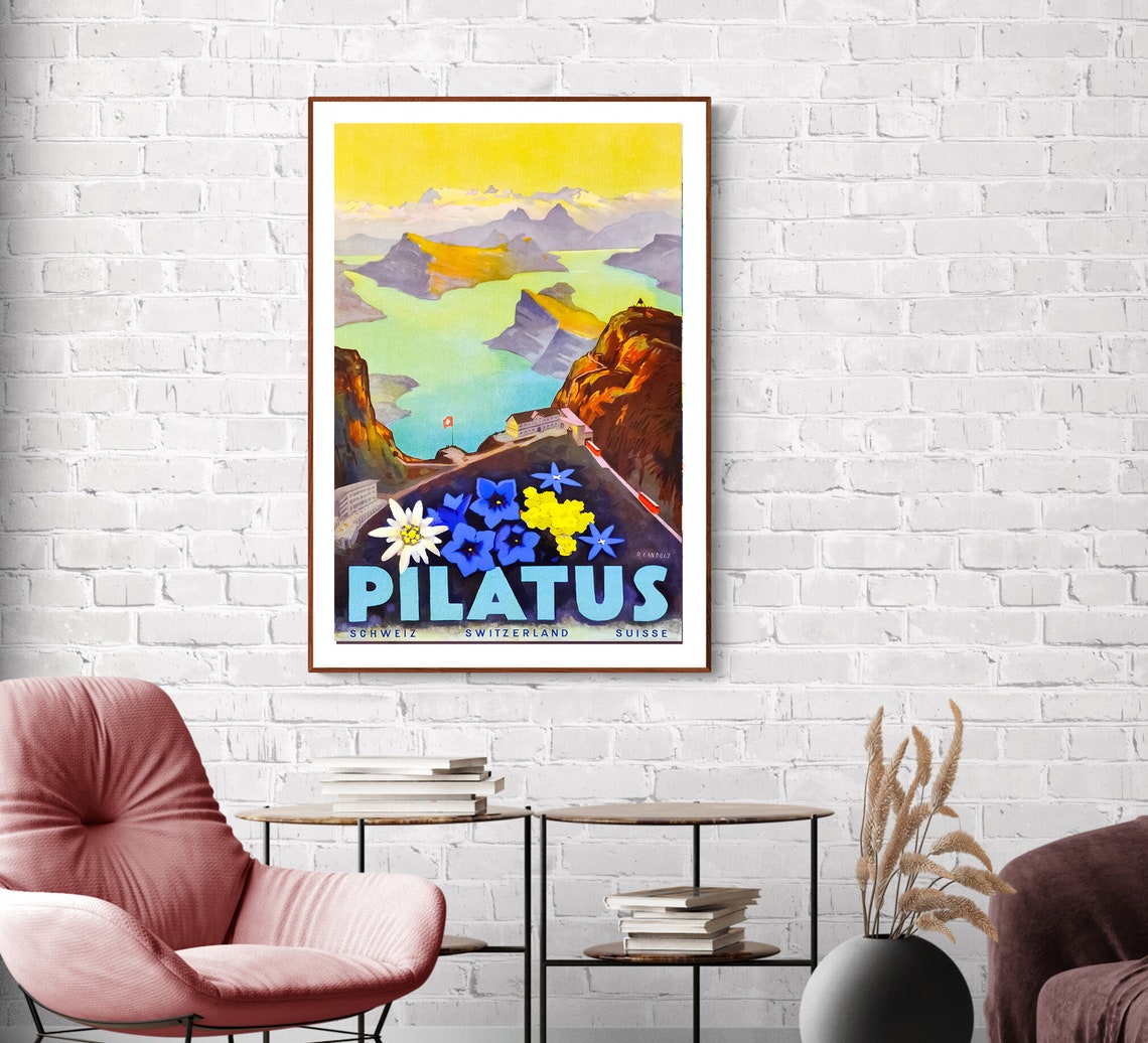 Pilatus Switzerland Vintage Travel Poster Alpine Lake Flower Art - Image 2