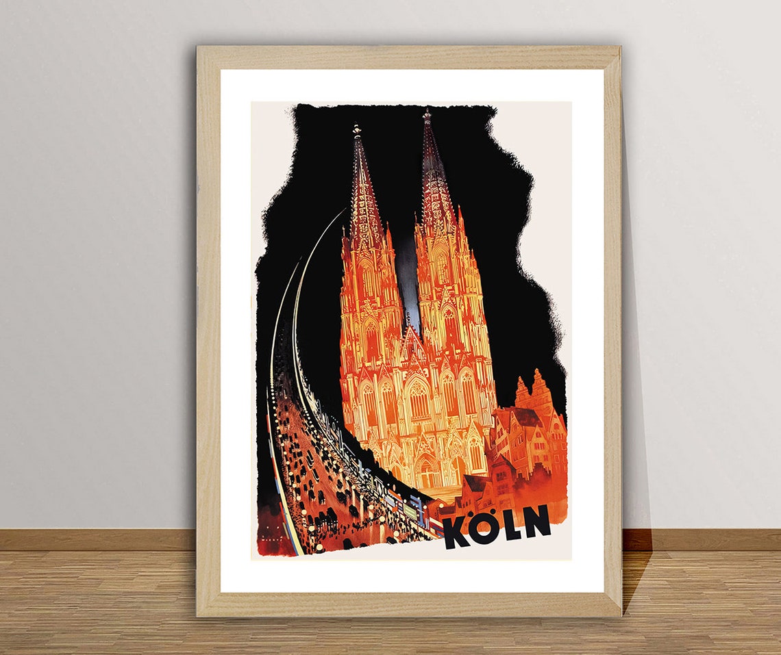 Koln Cathedral Night Illuminated Dom Bridge Vintage Travel Poster