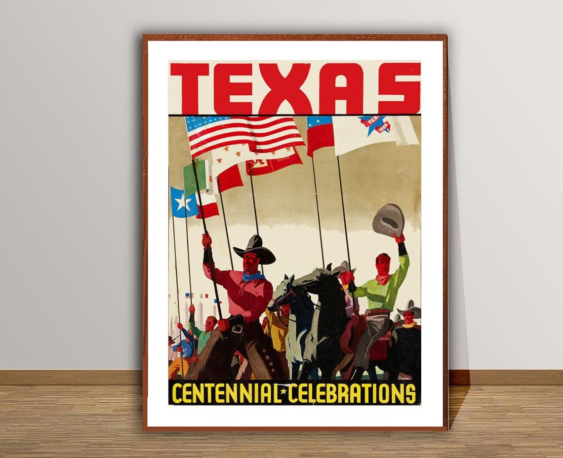 Texas Centennial Celebrations Cowboys Flags Vintage Parade Poster - Image 2