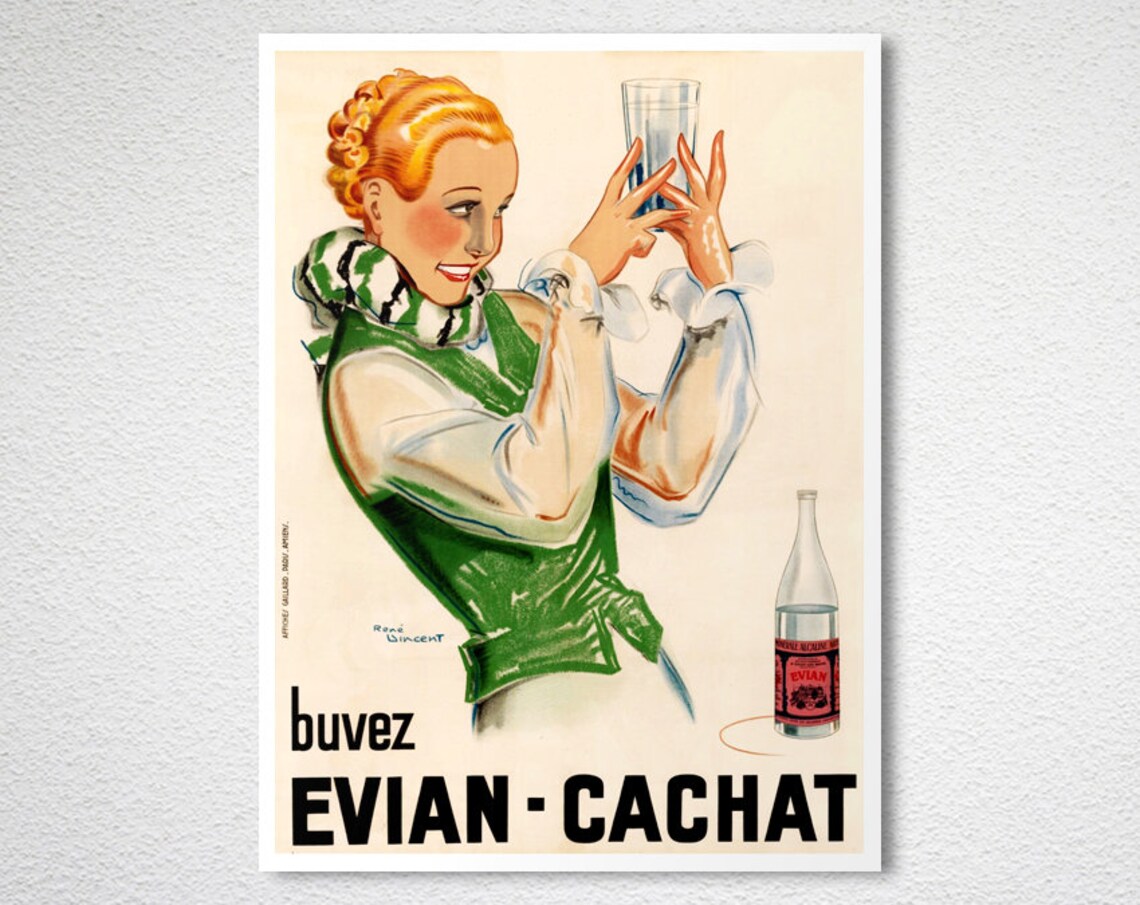Buvez Evian Cachat Vintage French Mineral Water Advertising Poster - Image 2