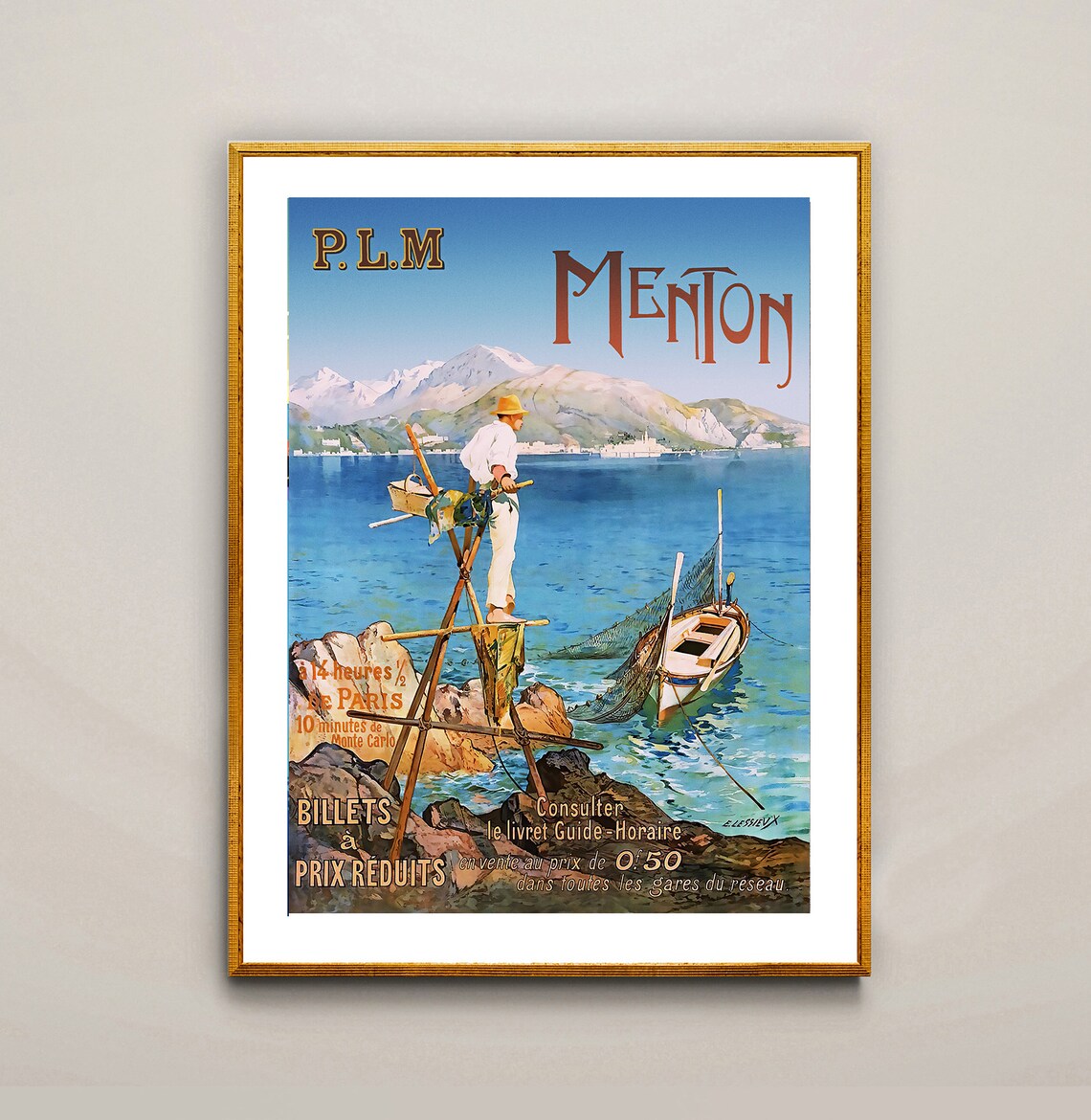 Menton French Riviera Fisherman Net Boat PLM Railway Travel Poster - Image 2
