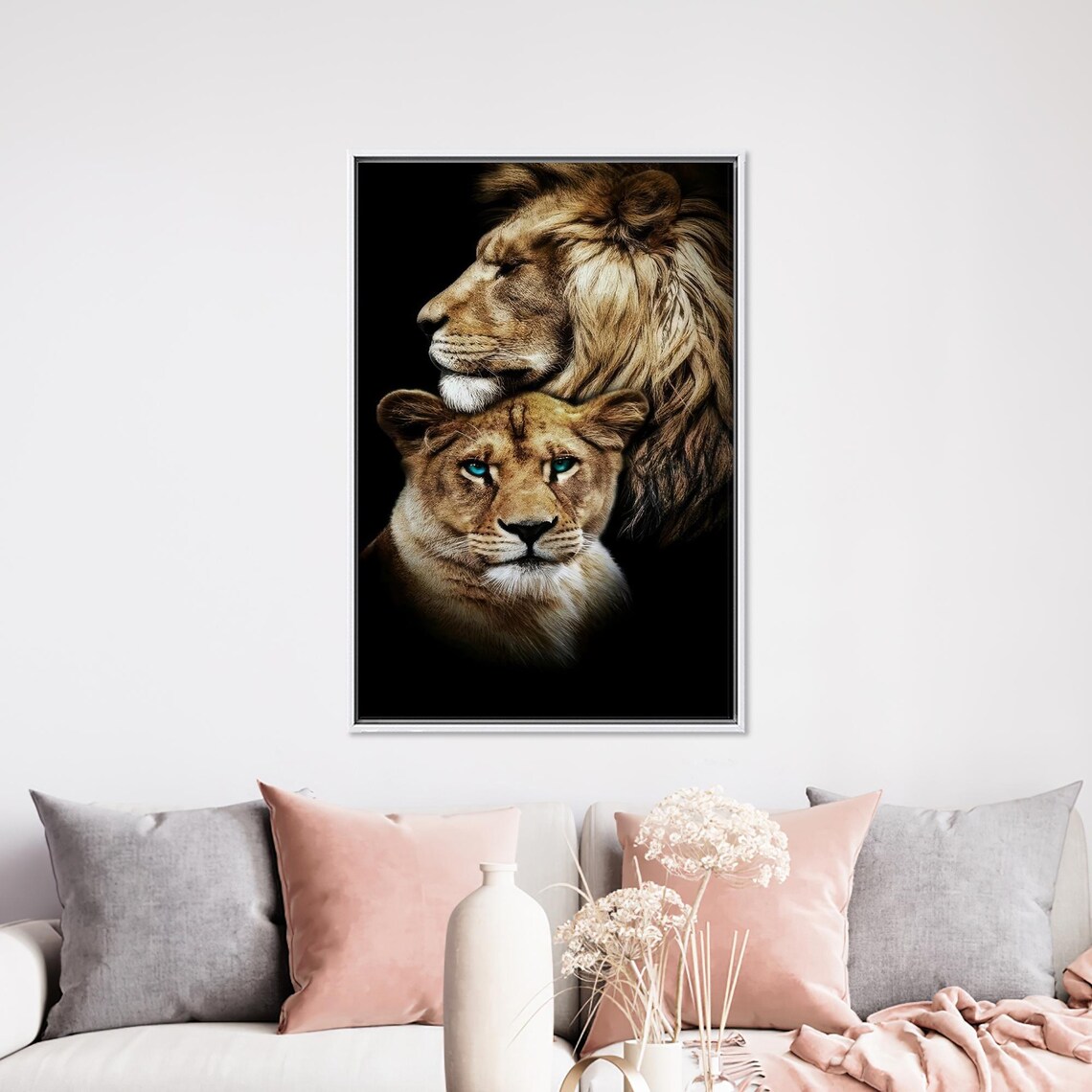 Lion and Lioness Couple Portrait Glowing on Black Background Poster - Image 4