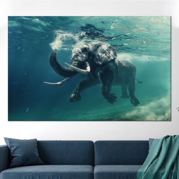 Swimming Elephant Underwater Ocean Scene Photography Art Poster
