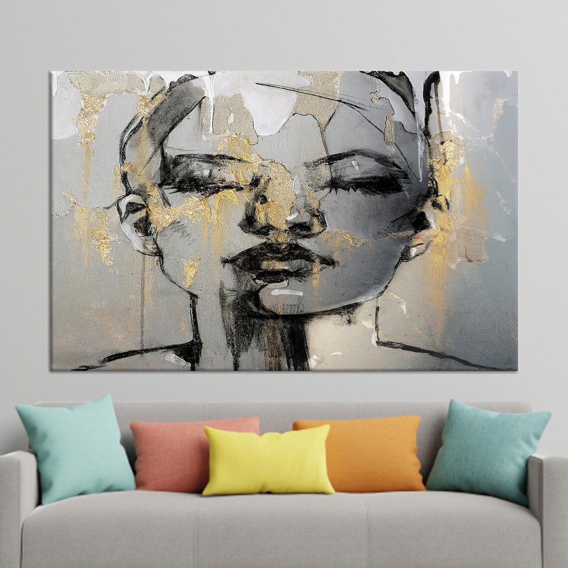 Abstract Gold Woman Face Portrait, Modern Decor