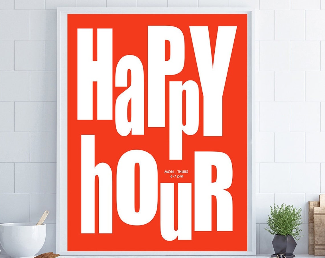 Happy Hour Bar Cart Bold Orange Retro Kitchen Typography Poster