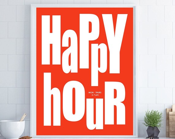 Happy Hour Bar Cart Bold Orange Retro Kitchen Typography Poster