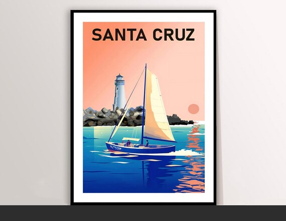 Santa Cruz California Lighthouse Sailboat Sunset Travel Poster