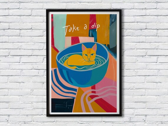 Take A Dip Orange Cat Lounging In Blue Bowl Matisse Inspired Art Poster