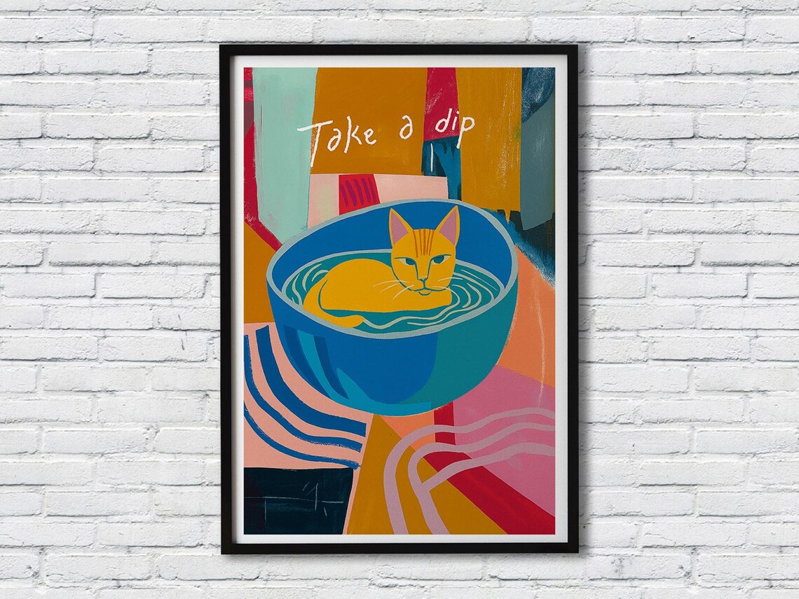 Take A Dip Orange Cat Lounging In Blue Bowl Matisse Inspired Art Poster