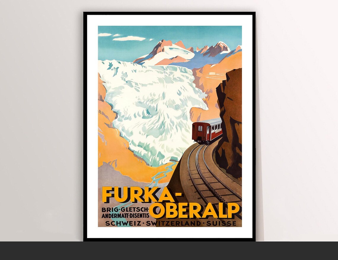 Furka Oberalp Switzerland Vintage Alpine Railway Travel Poster