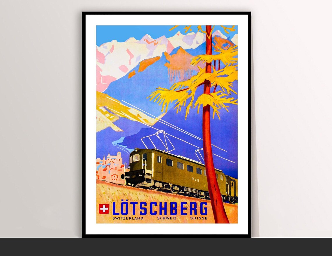 Lotschberg Switzerland Electric Train Vintage Travel Poster Art