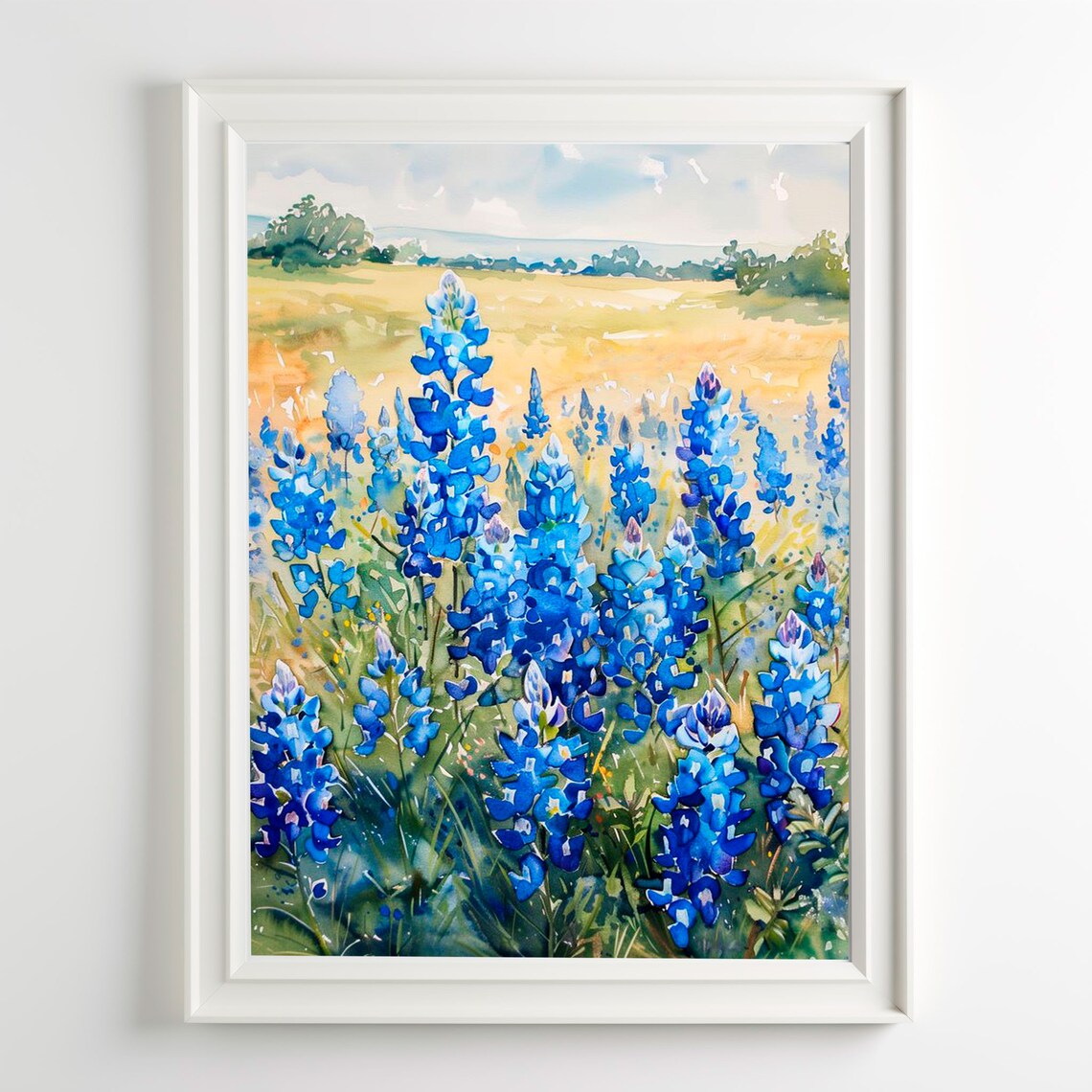 Bluebonnet Painting Landscape Watercolor Art Print