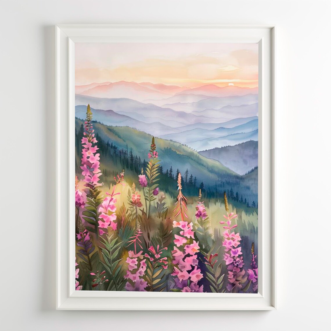 Smoky Mountains Wildflower Sunset Watercolor Pink Mountain Art Poster
