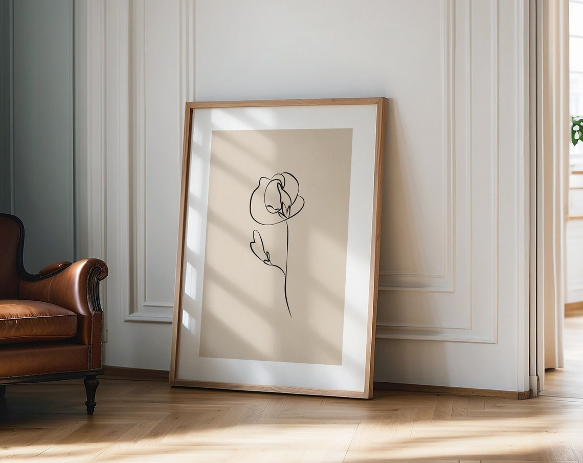 Single Line Rose Bloom Drawing Taupe Minimalist Floral Decor Poster - Image 4