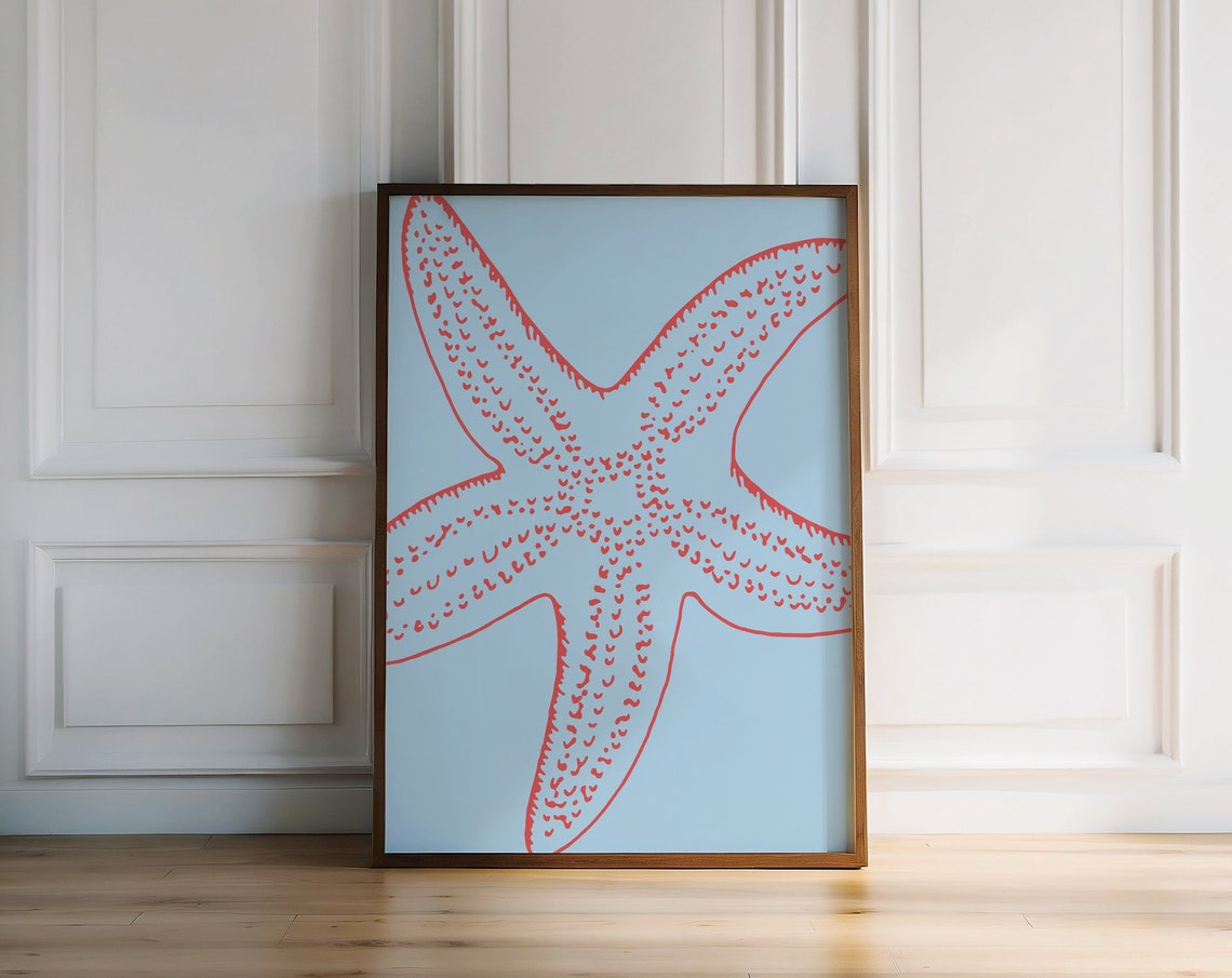 Red Starfish Blue Coastal Line Drawing Modern Beach Decor Poster