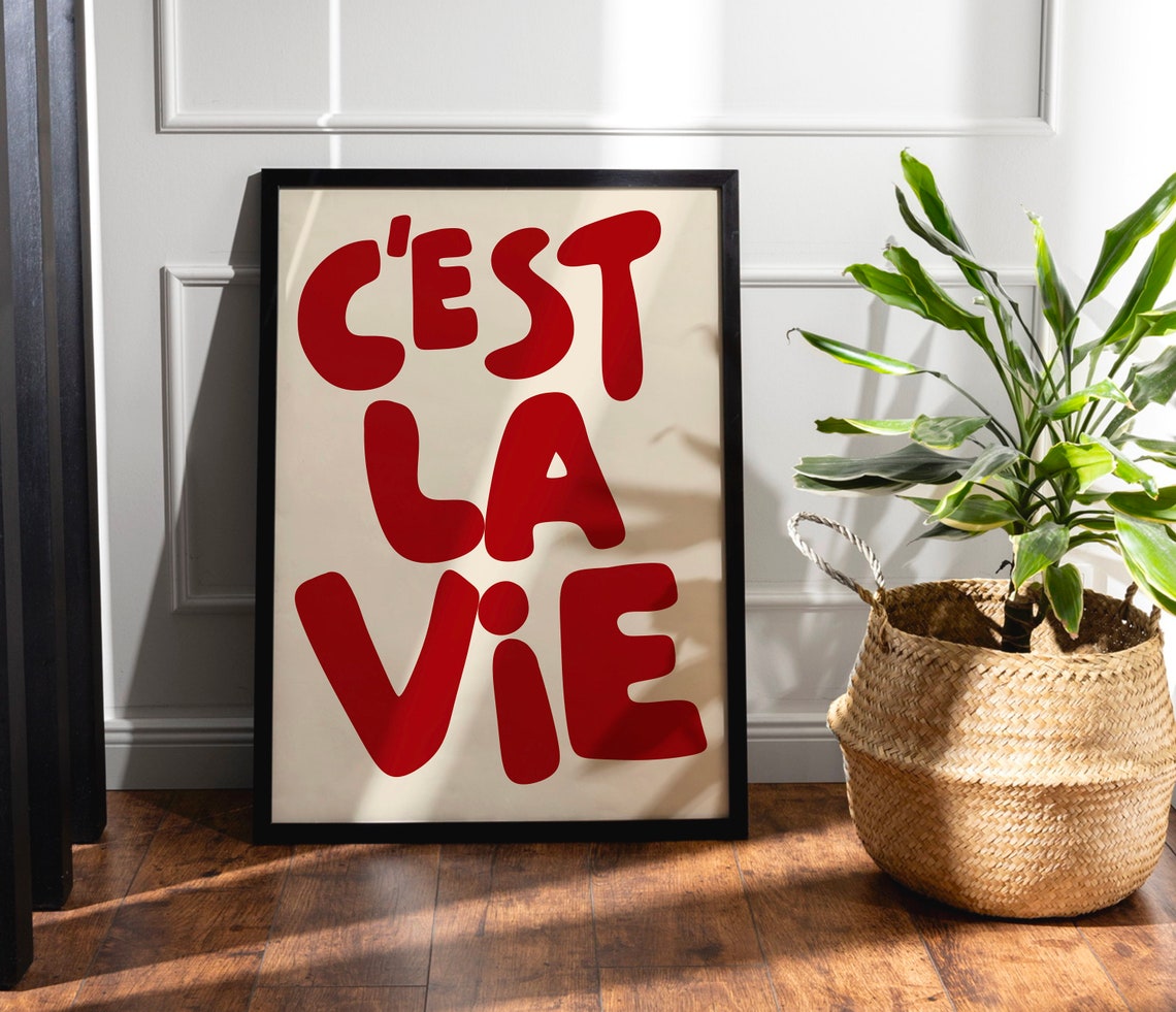 Cest La Vie Bright Cherry Red Retro Typography French Quote Poster