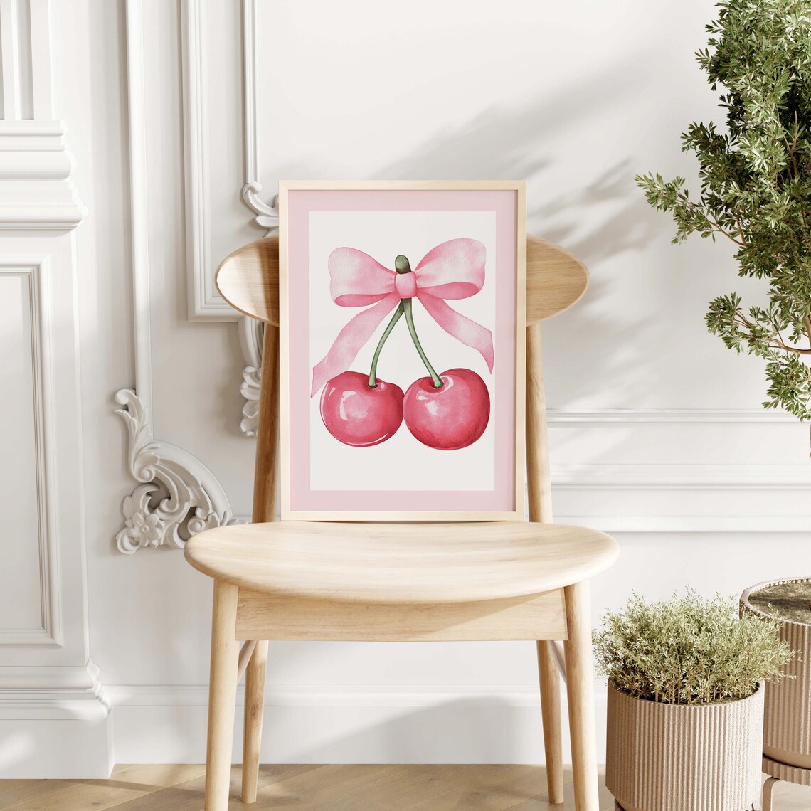 Pink Cherries With Bow Watercolor Coquette Girly Bedroom Poster - Image 2