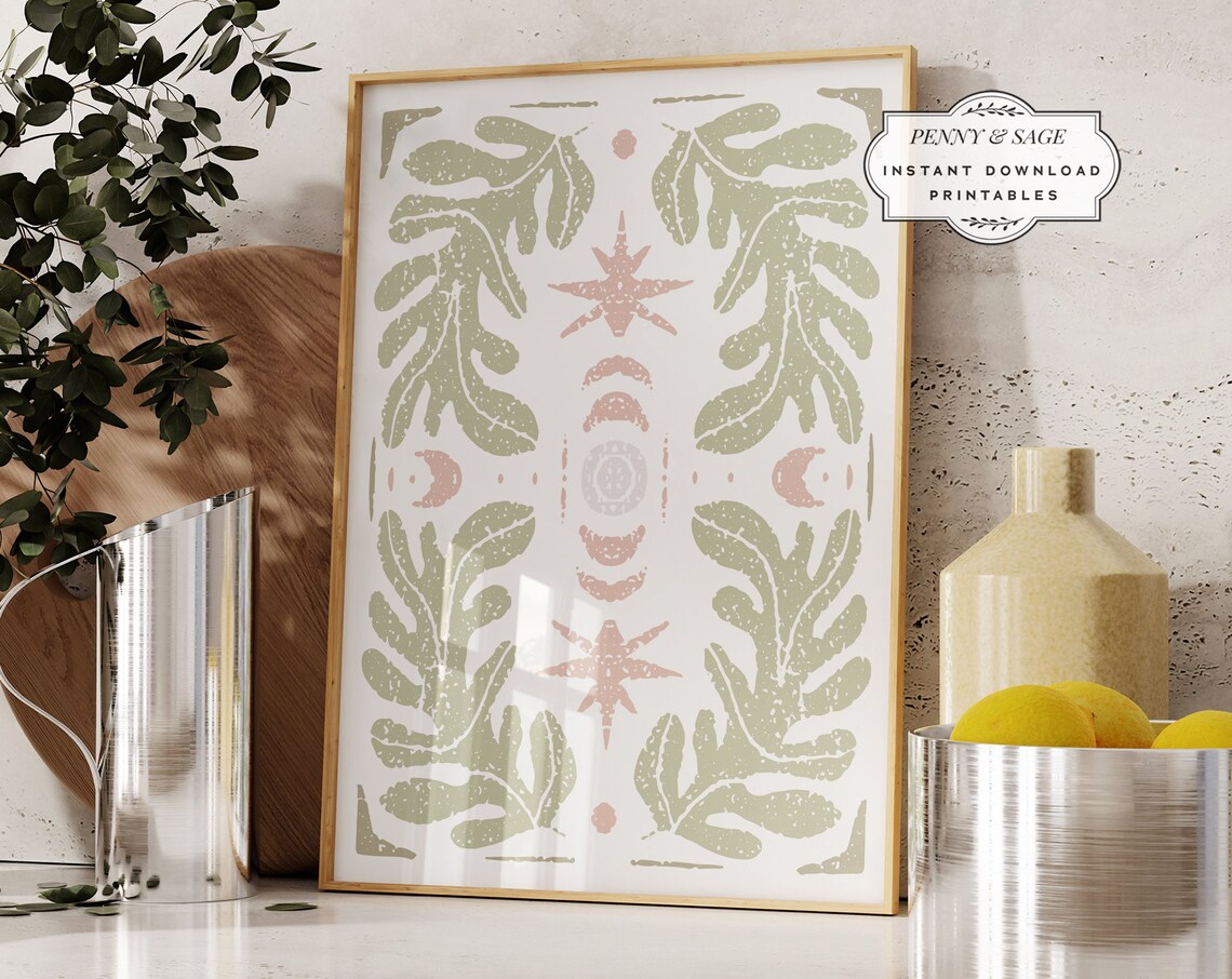 Sage Green Botanical Poster Matisse Leaf Star Moon Symmetrical Decor