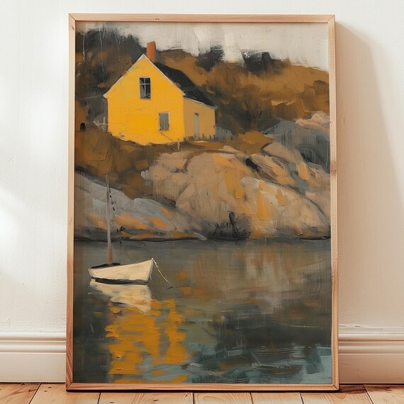 Yellow Boat House Coastal Print Moody Nautical Wall Art