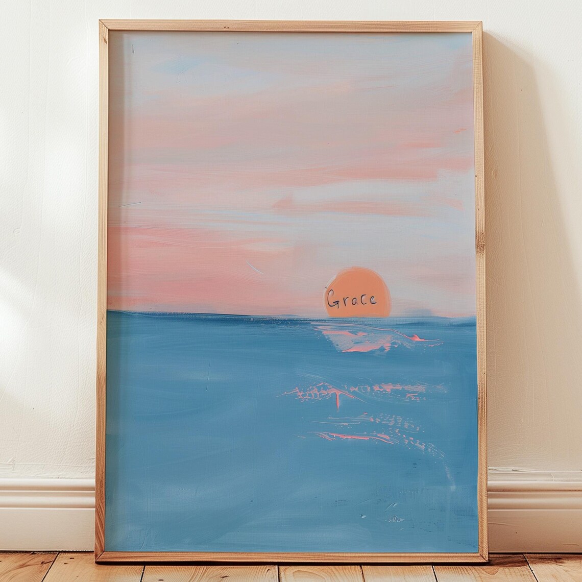 Grace Blue Sunset Ocean Minimalist Pastel Faith Word Art Poster