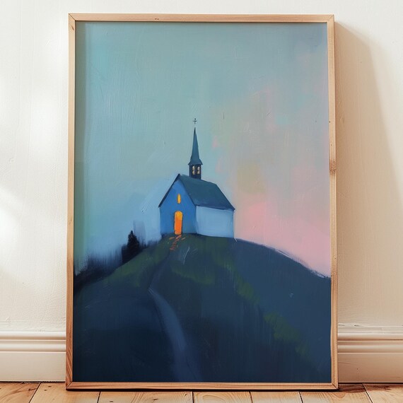 Little Chapel On A Hill At Dusk Oil Painting Farmhouse Poster