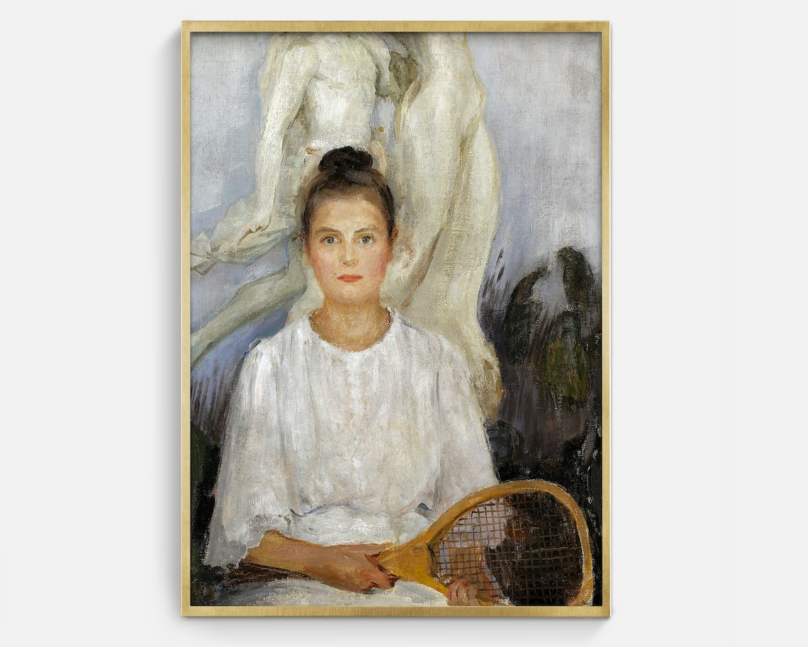 Vintage Girl With Tennis Racket, Antique Art Print