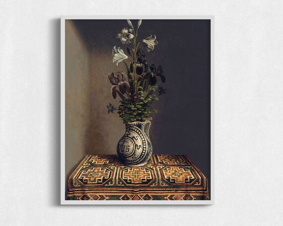 Antique Still Life Vintage Oil Painting Flowers In Vase Moody Floral Still Life Prints