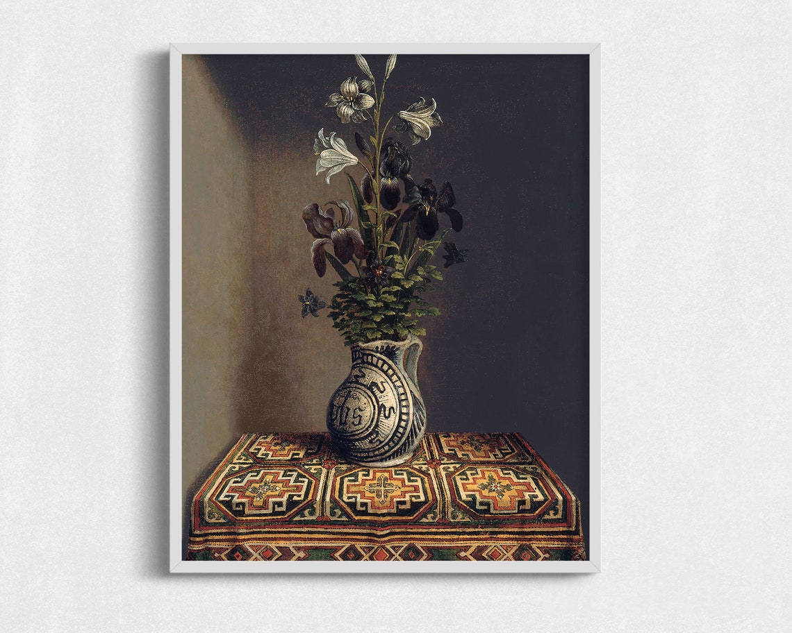 Dark Irises White Lilies Blue White Jug Patterned Cloth Art Poster